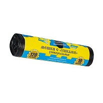 Мешки для мусора 120 л, с ушками, черные, в рулоне 10 шт., ПНД, 13 мкм, 1050х680 мм, Крепакоф, 4607075710436 в Алмате