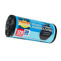 Мешки для мусора 120 л, с ушками, черные, в рулоне 30 шт., ПНД, 15 мкм, 1100х700 мм, Крепак, 4607075710375 в Алмате